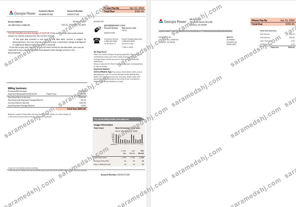 USA Georgia Power business utility new brand bill template in Word and PDF formats, fully editable